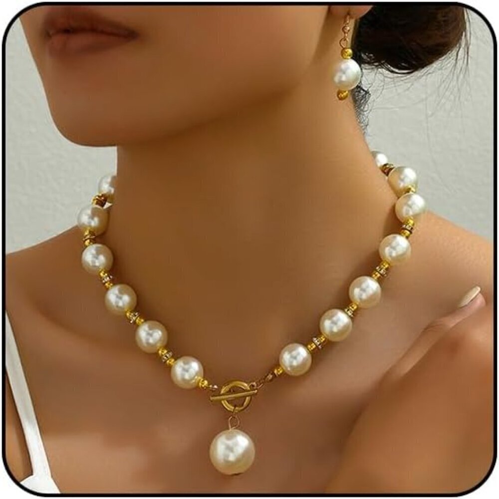 Chunky Pearl Necklace Set for Women Gold Pearl Choker Earrings Jewelry
